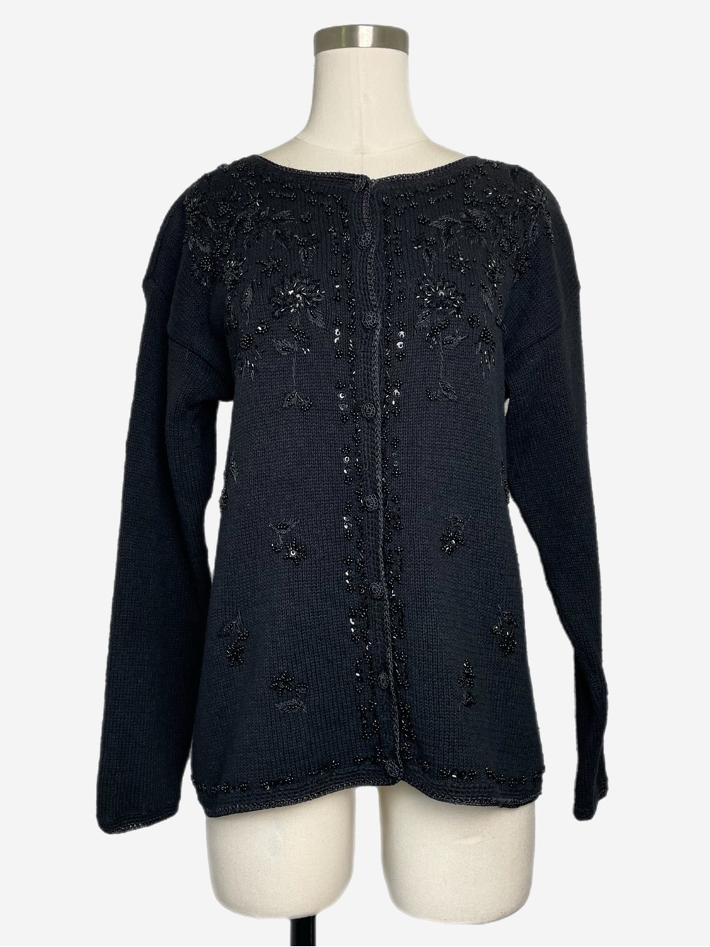 Vintage Tiara International black knit crochet floral beaded sequin cardigan S